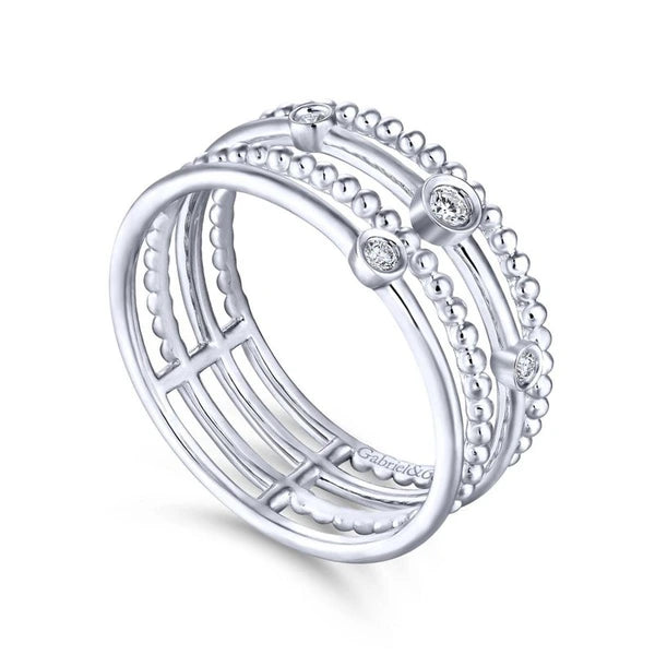 14K White Gold Bezel Set Diamond Station Layered Ring