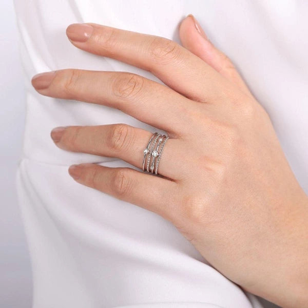 14K White Gold Bezel Set Diamond Station Layered Ring