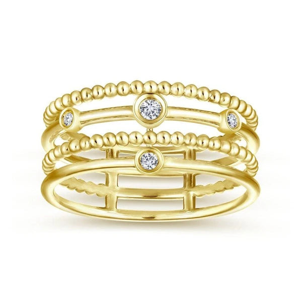 14K Yellow Gold Bezel Set Diamond Station Layered Ring