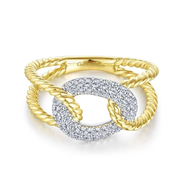 14K Yellow and White Gold Twisted Rope Link Ring with Diamond e Station