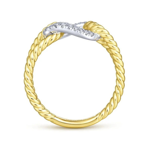 14K Yellow and White Gold Twisted Rope Link Ring with Diamond e Station