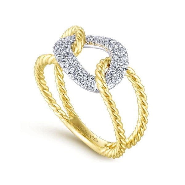 14K Yellow and White Gold Twisted Rope Link Ring with Diamond e Station