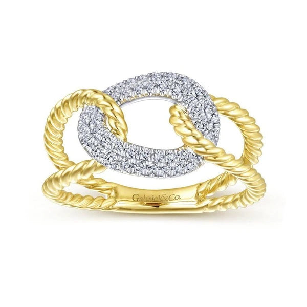 14K Yellow and White Gold Twisted Rope Link Ring with Diamond e Station