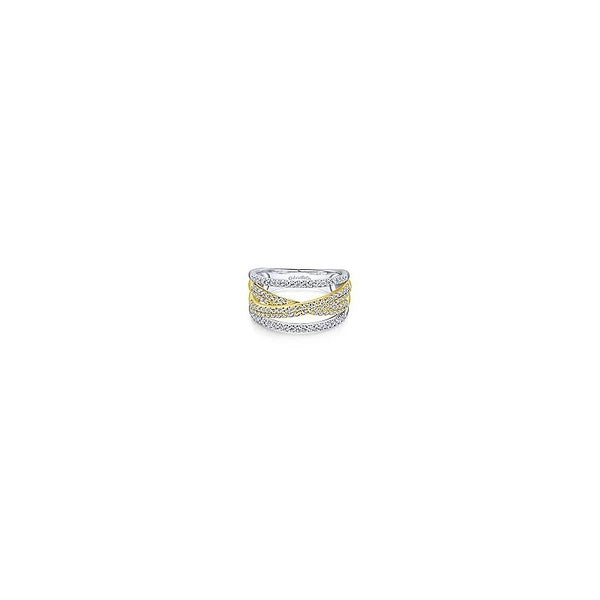 14K Yellow and White Gold Criss Crossing Multi Row Diamond Ring