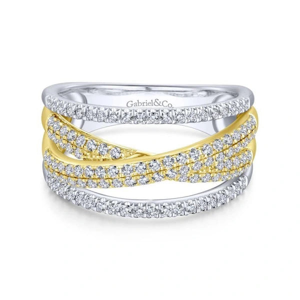 14K Yellow and White Gold Criss Crossing Multi Row Diamond Ring