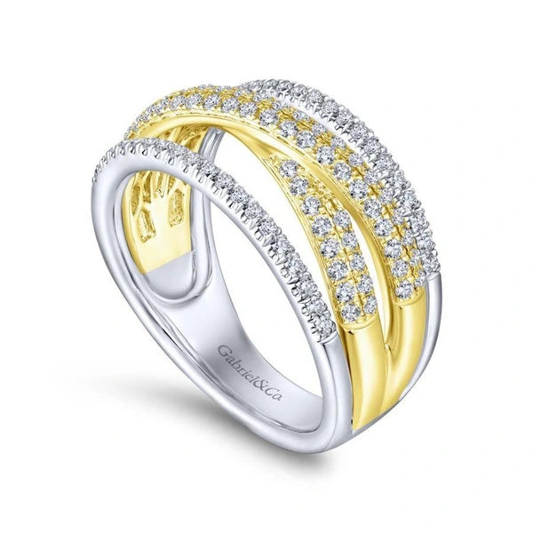 14K Yellow and White Gold Criss Crossing Multi Row Diamond Ring