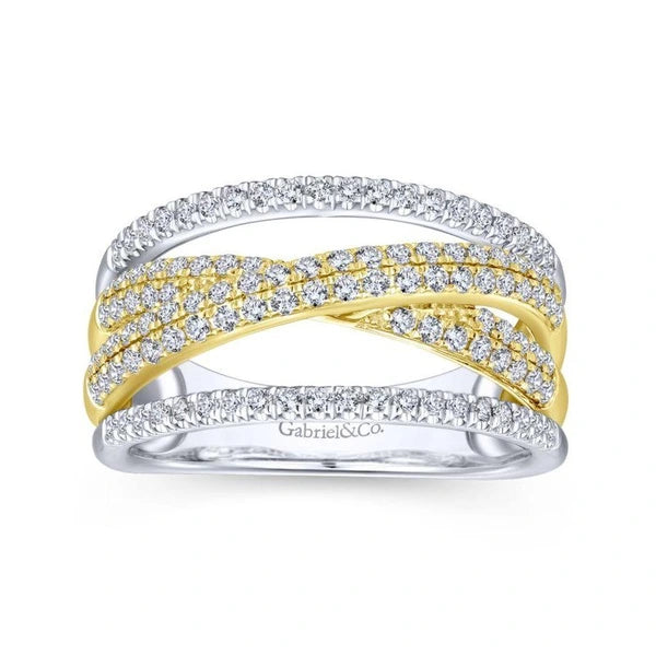 14K Yellow and White Gold Criss Crossing Multi Row Diamond Ring