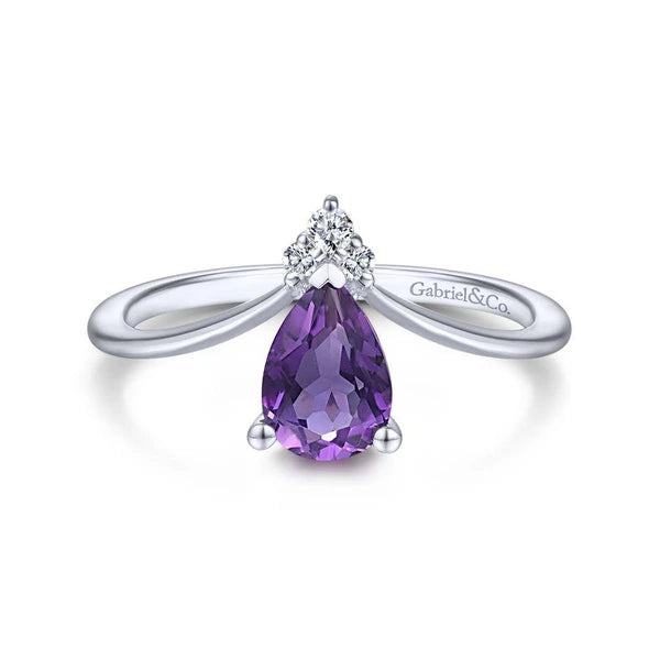 14K White Gold Teardrop Amethyst and Diamond Triangle Ring