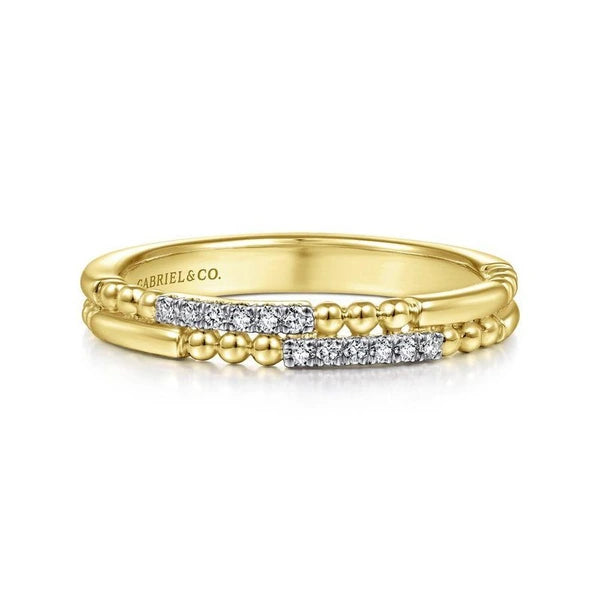 14K Yellow Gold Two Row Beaded Diamond Stackable Ring