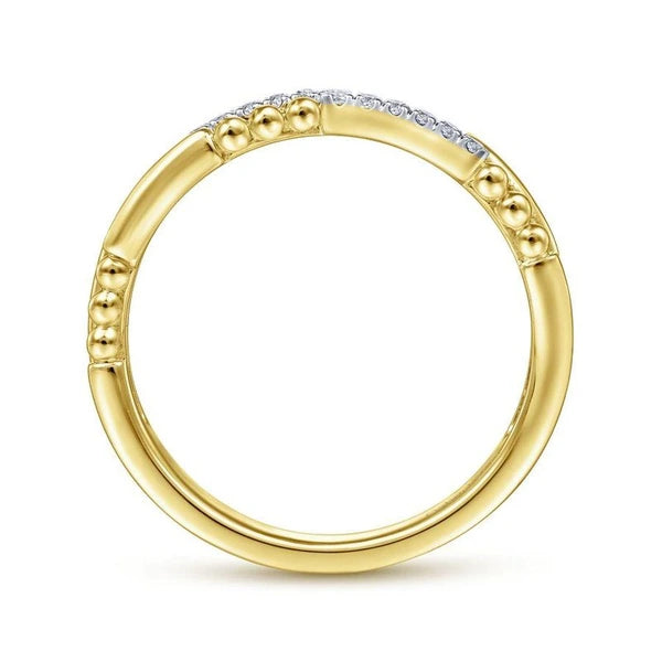 14K Yellow Gold Two Row Beaded Diamond Stackable Ring