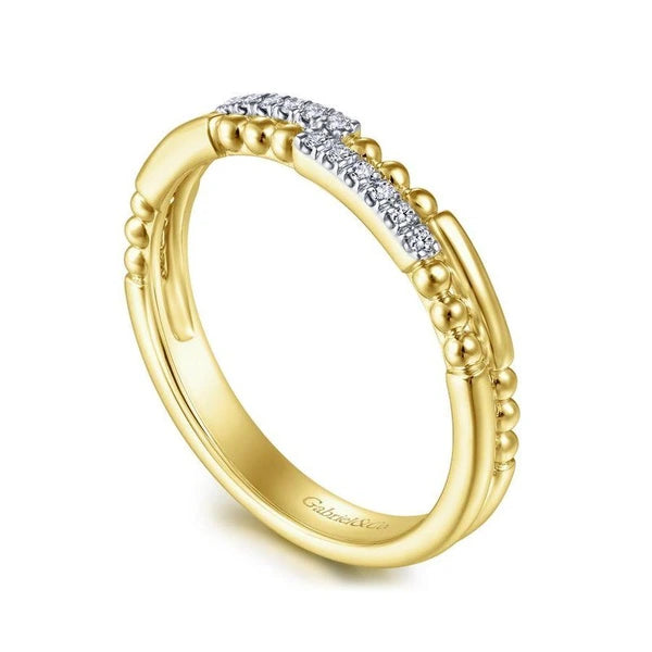 14K Yellow Gold Two Row Beaded Diamond Stackable Ring