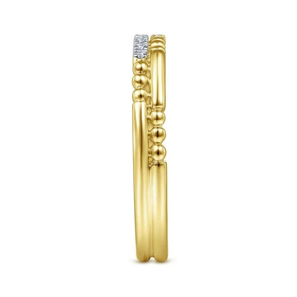 14K Yellow Gold Two Row Beaded Diamond Stackable Ring
