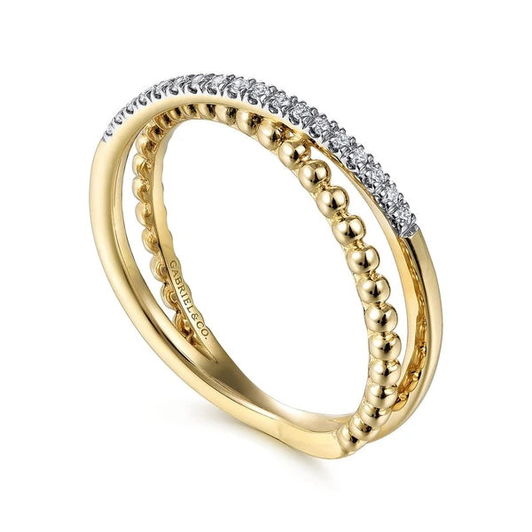 14K Yellow Gold Bujukan Pavé Diamond Criss Cross Stackable Ring