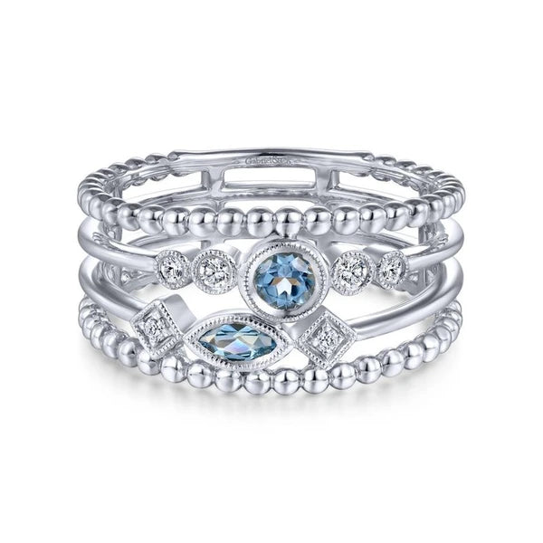 14k White Gold Swiss Blue Topaz & Diamond Ladies Ring