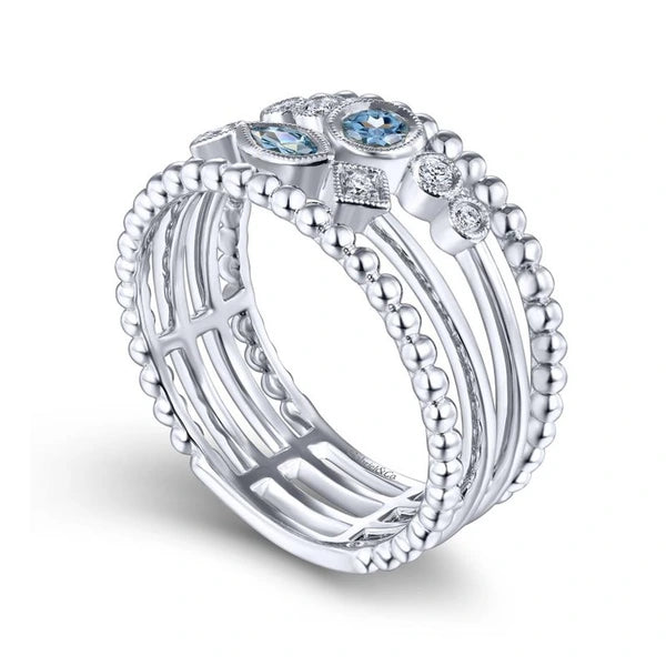 14k White Gold Swiss Blue Topaz & Diamond Ladies Ring