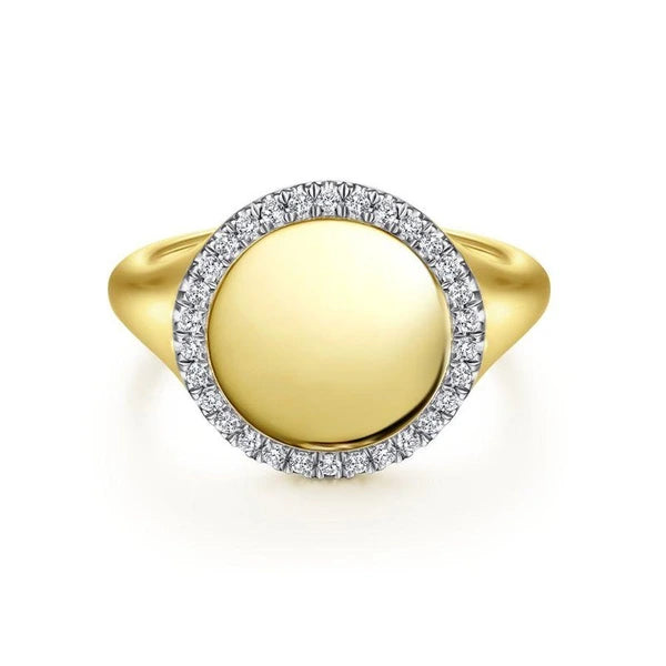 14K Yellow Gold Pinky Signet Ring with Diamond Halo