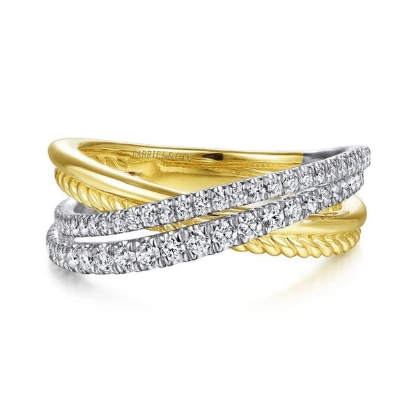 14K White-Yellow Gold Twisted Rope and Diamond Criss Cross Ring