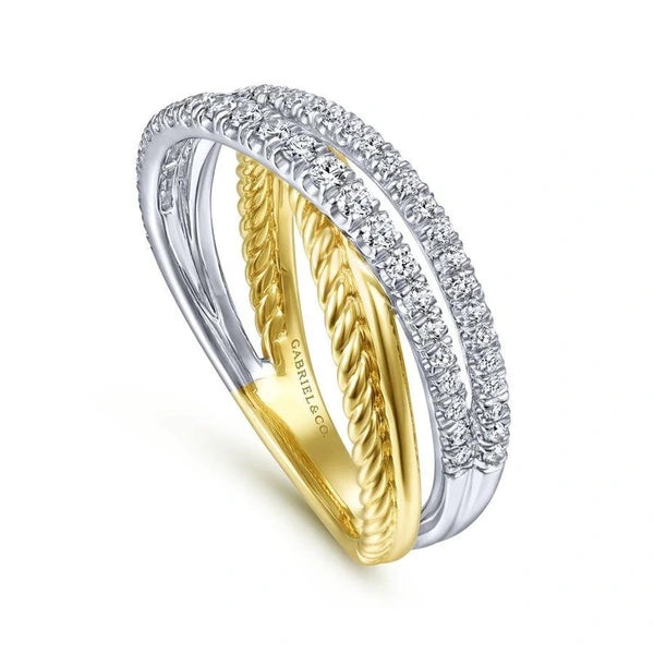 14K White-Yellow Gold Twisted Rope and Diamond Criss Cross Ring