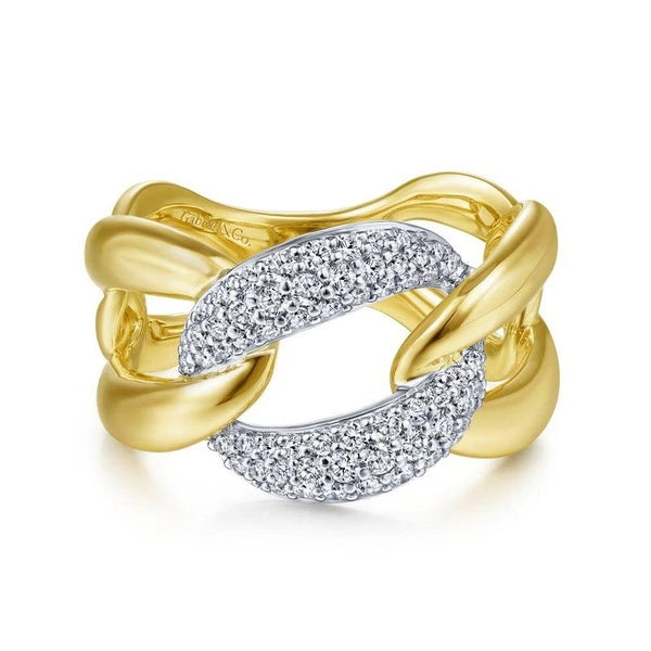 14K White-Yellow Gold Large Chain Link Diamond Station Ring