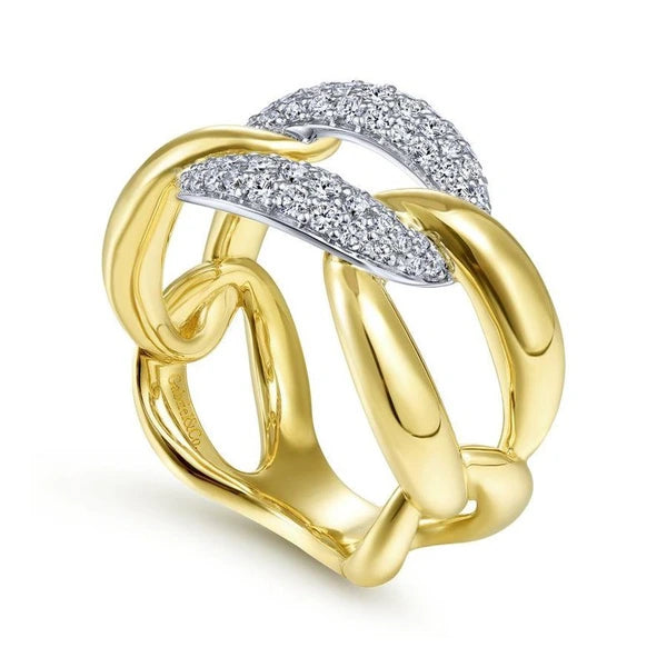 14K White-Yellow Gold Large Chain Link Diamond Station Ring