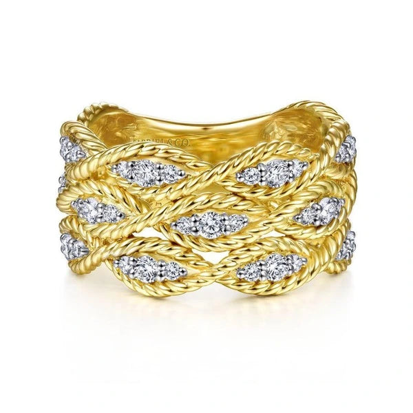 14K Yellow Gold Twisted Braided Diamond Wide Band Ring
