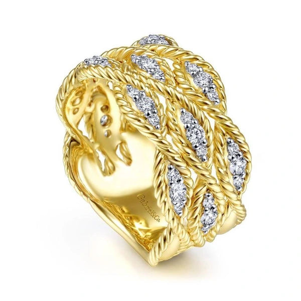 14K Yellow Gold Twisted Braided Diamond Wide Band Ring