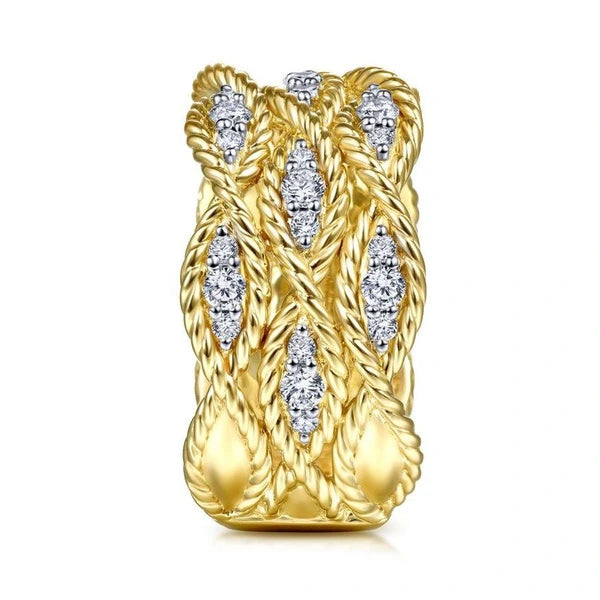 14K Yellow Gold Twisted Braided Diamond Wide Band Ring