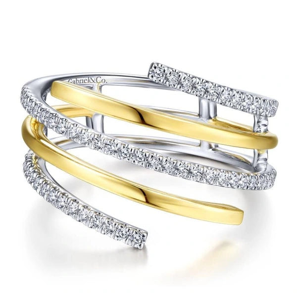 14K White-Yellow Gold Plain and Diamond Row Statement Ring