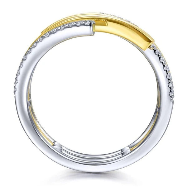 14K White-Yellow Gold Plain and Diamond Row Statement Ring