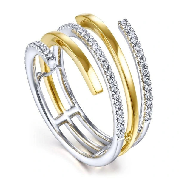 14K White-Yellow Gold Plain and Diamond Row Statement Ring