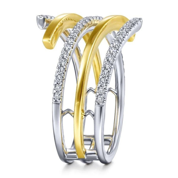 14K White-Yellow Gold Plain and Diamond Row Statement Ring
