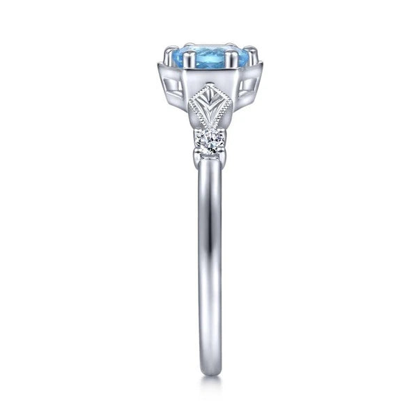 14K White Gold Hexagonal Blue Topaz Diamond Ring