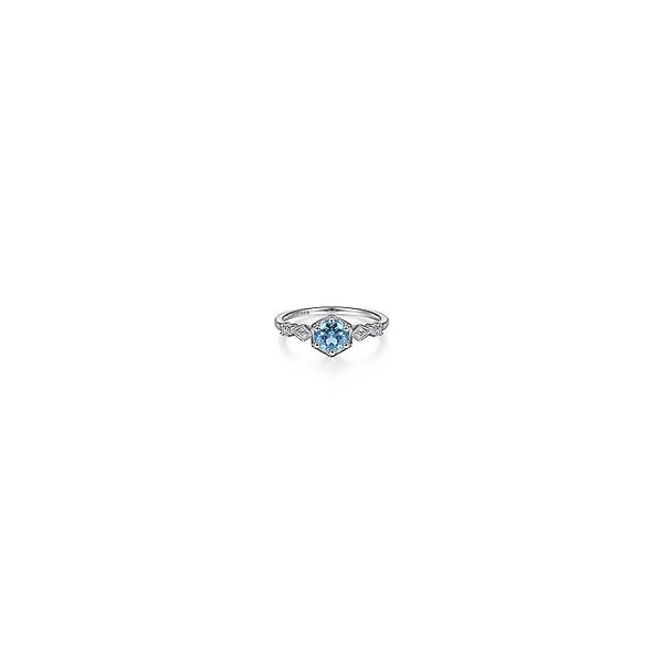 14K White Gold Hexagonal Blue Topaz Diamond Ring