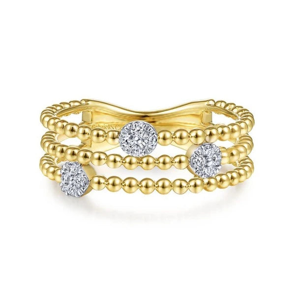 14K Yellow Gold Three Row Beaded Ring with PavÃ„â€šÃ‚Â© Diamond Cluster Stations