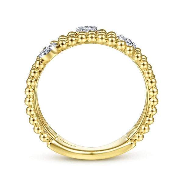14K Yellow Gold Three Row Beaded Ring with PavÃ„â€šÃ‚Â© Diamond Cluster Stations