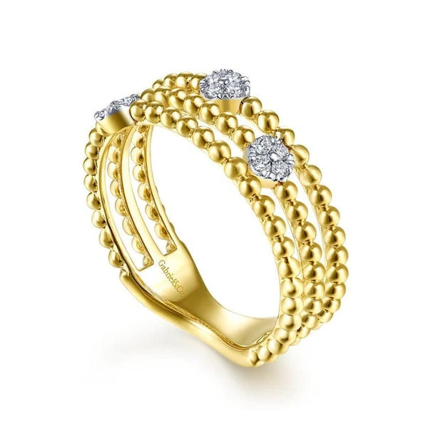 14K Yellow Gold Three Row Beaded Ring with PavÃ„â€šÃ‚Â© Diamond Cluster Stations