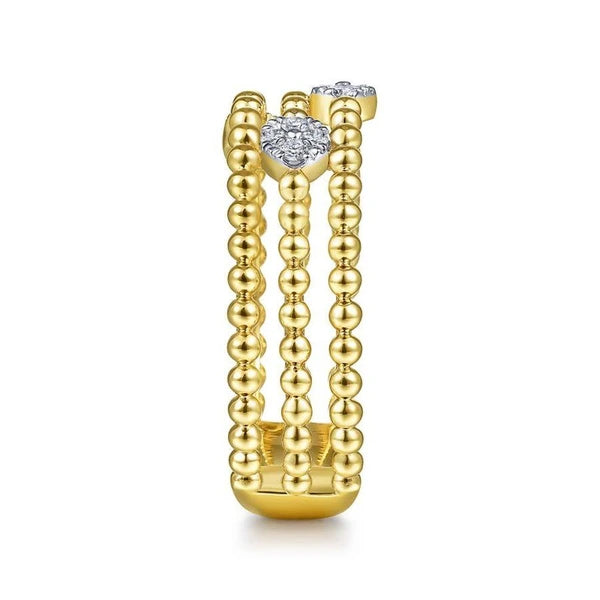 14K Yellow Gold Three Row Beaded Ring with PavÃ„â€šÃ‚Â© Diamond Cluster Stations