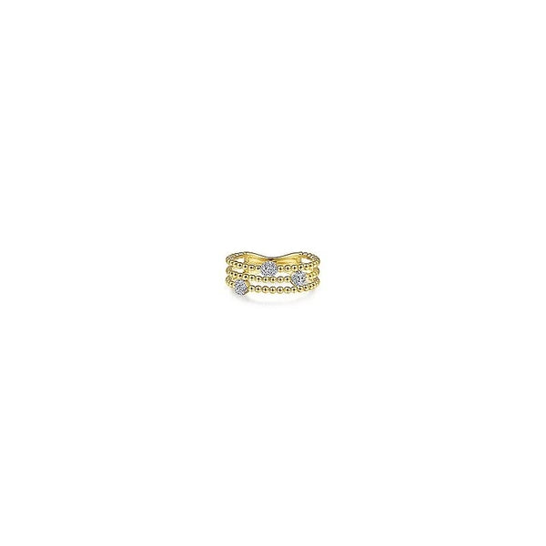 14K Yellow Gold Three Row Beaded Ring with PavÃ„â€šÃ‚Â© Diamond Cluster Stations