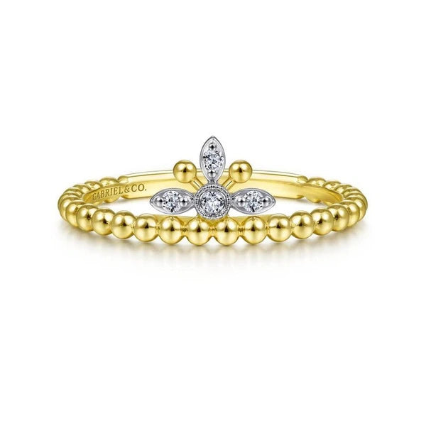 14K Yellow-White Gold Beaded Diamond Crown Ring