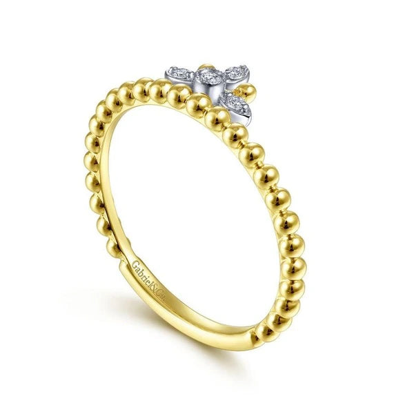 14K Yellow-White Gold Beaded Diamond Crown Ring