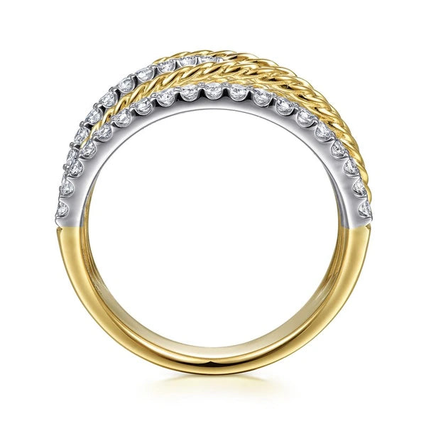 14K White-Yellow Gold Twisted Rope and Diamond Multi Row Ring