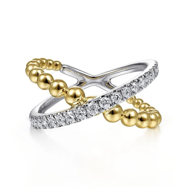 14K White-Yellow Gold Bujukan Diamond and Metal Bead Criss Cross Ring