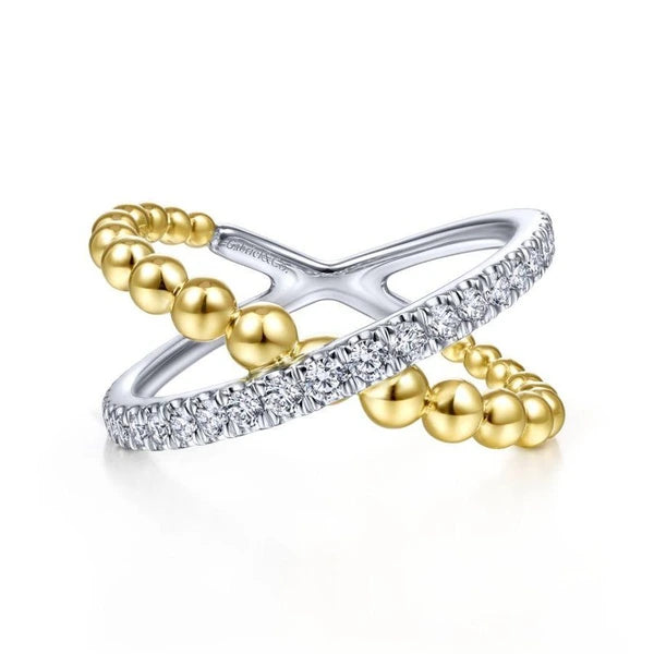 14K White-Yellow Gold Bujukan Diamond and Metal Bead Criss Cross Ring