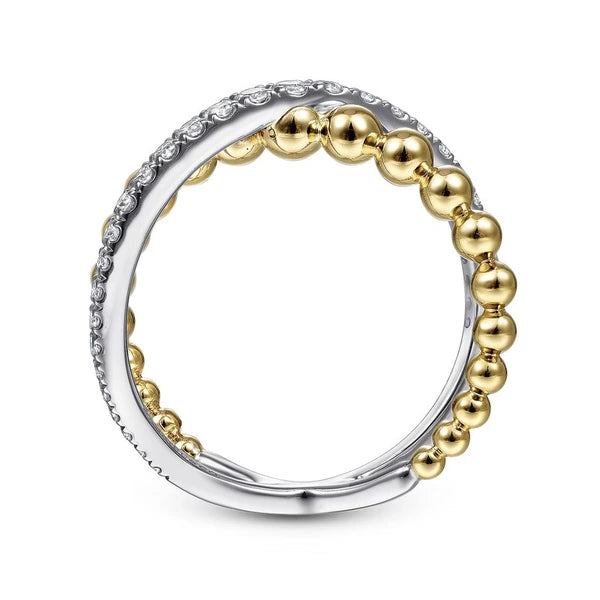 14K White-Yellow Gold Bujukan Diamond and Metal Bead Criss Cross Ring