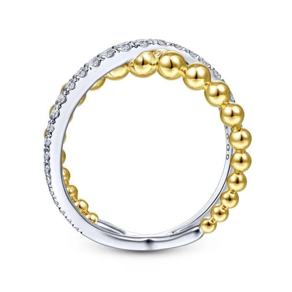 14K White-Yellow Gold Bujukan Diamond and Metal Bead Criss Cross Ring