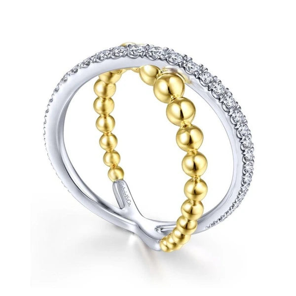 14K White-Yellow Gold Bujukan Diamond and Metal Bead Criss Cross Ring