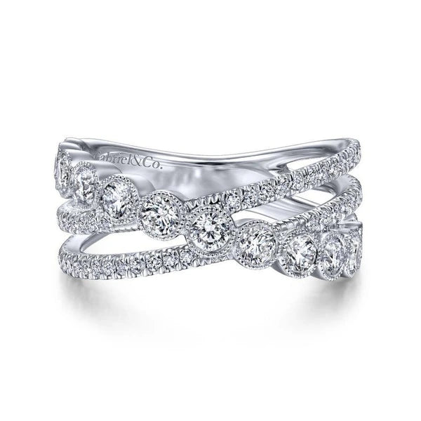 14K White Gold Bezel and Prong Set Criss Cross Diamond Ring