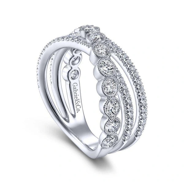 14K White Gold Bezel and Prong Set Criss Cross Diamond Ring