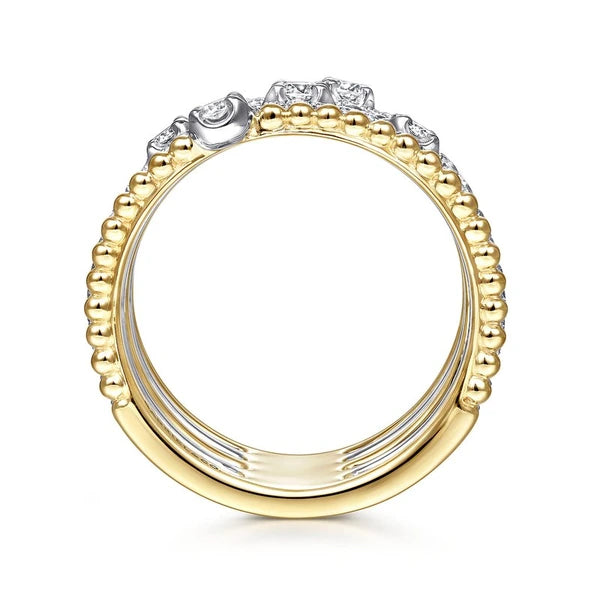 14K White-Yellow Gold Five Row Bujukan Ball and Diamond Station Ring