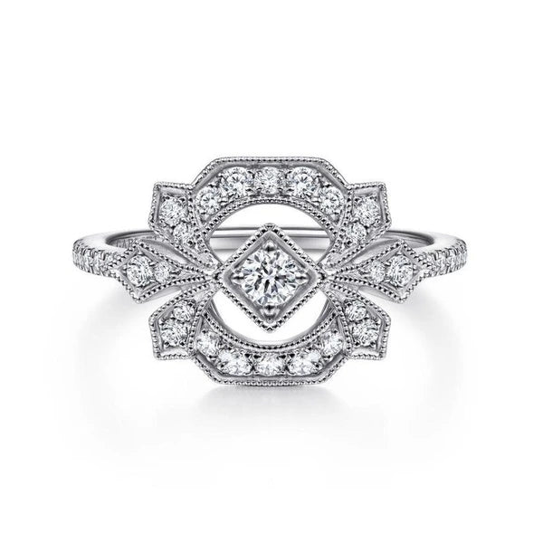 14K White Gold Art Deco Floral Diamond Ring